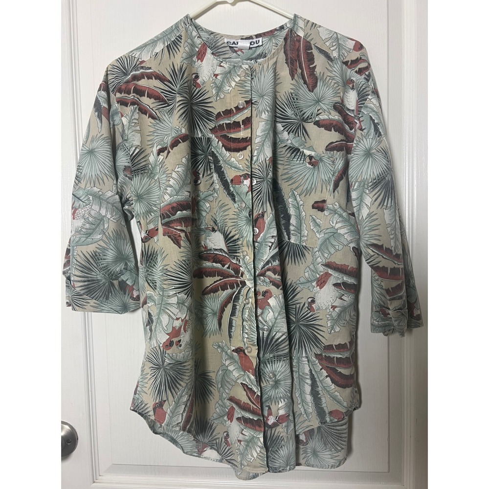 Caribou Women Tropical Parrot Palm Print Cotton Button Up Shirt Size 12 Tan